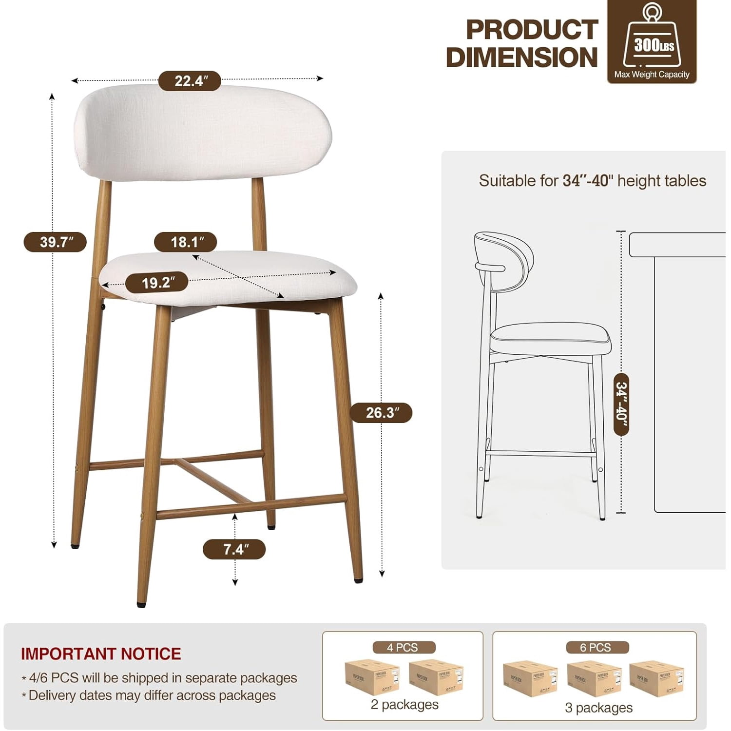 MOONMISS Counter Height Bar Stools Set of 4,Upholstered Modern Counter Stools with Metal Legs for Kitchen Island Dining Room,Beige