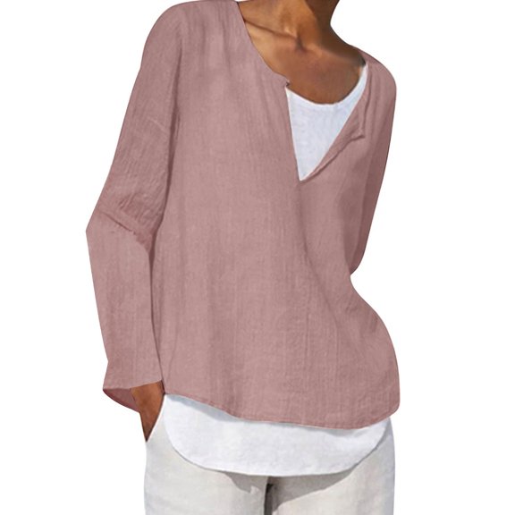 JINMGG Fall Winter Long Tops for Women, Womens Plus Size Women's V-neck Button Casual Loose Fitting Cotton Linen Long Sleeved Top/shirt
