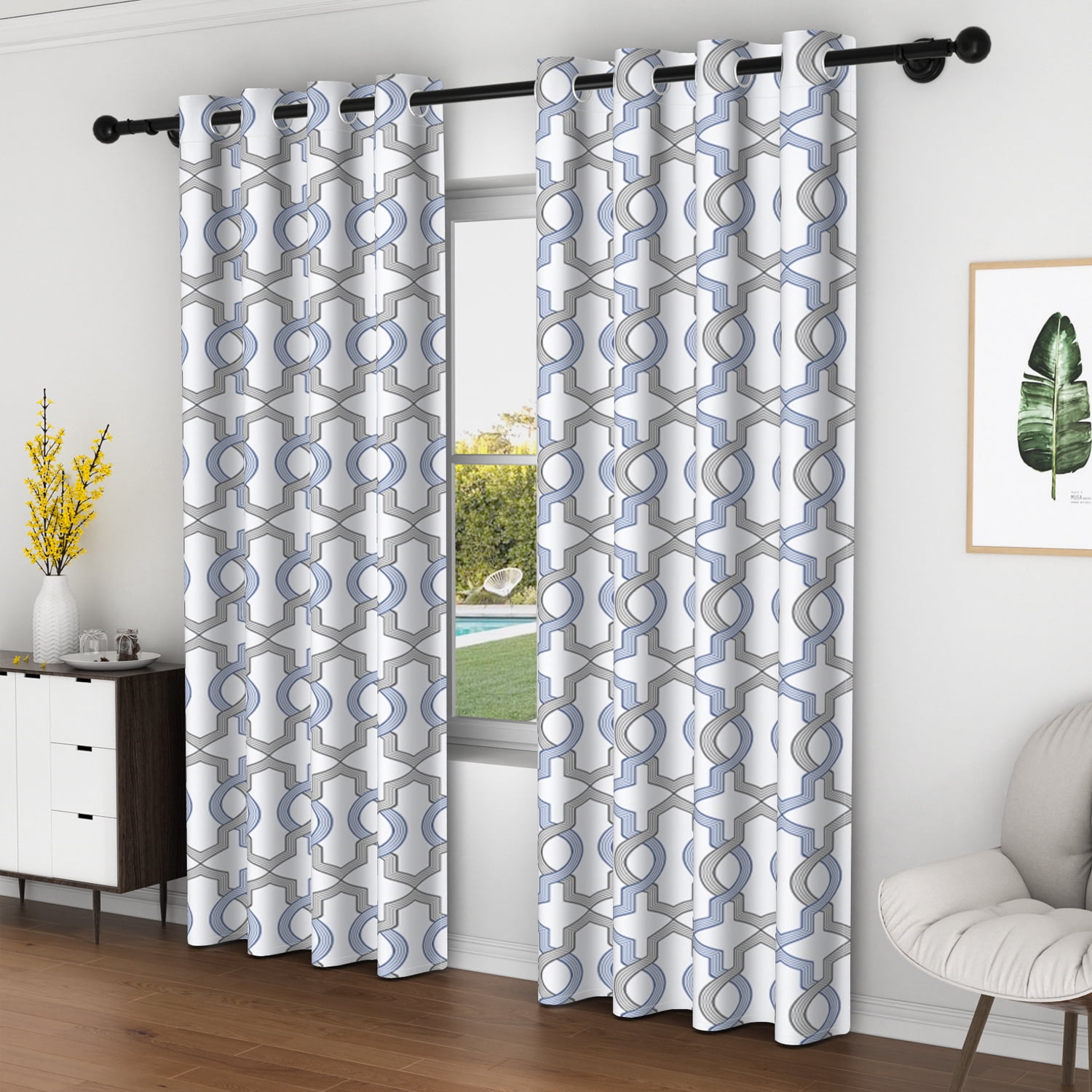 Lfeey Blackout Curtains for Bedroom, Plaid Blue Gray Geometric Pattern Curtains with Top Grommets, 52x63 Inches, 2 Panels