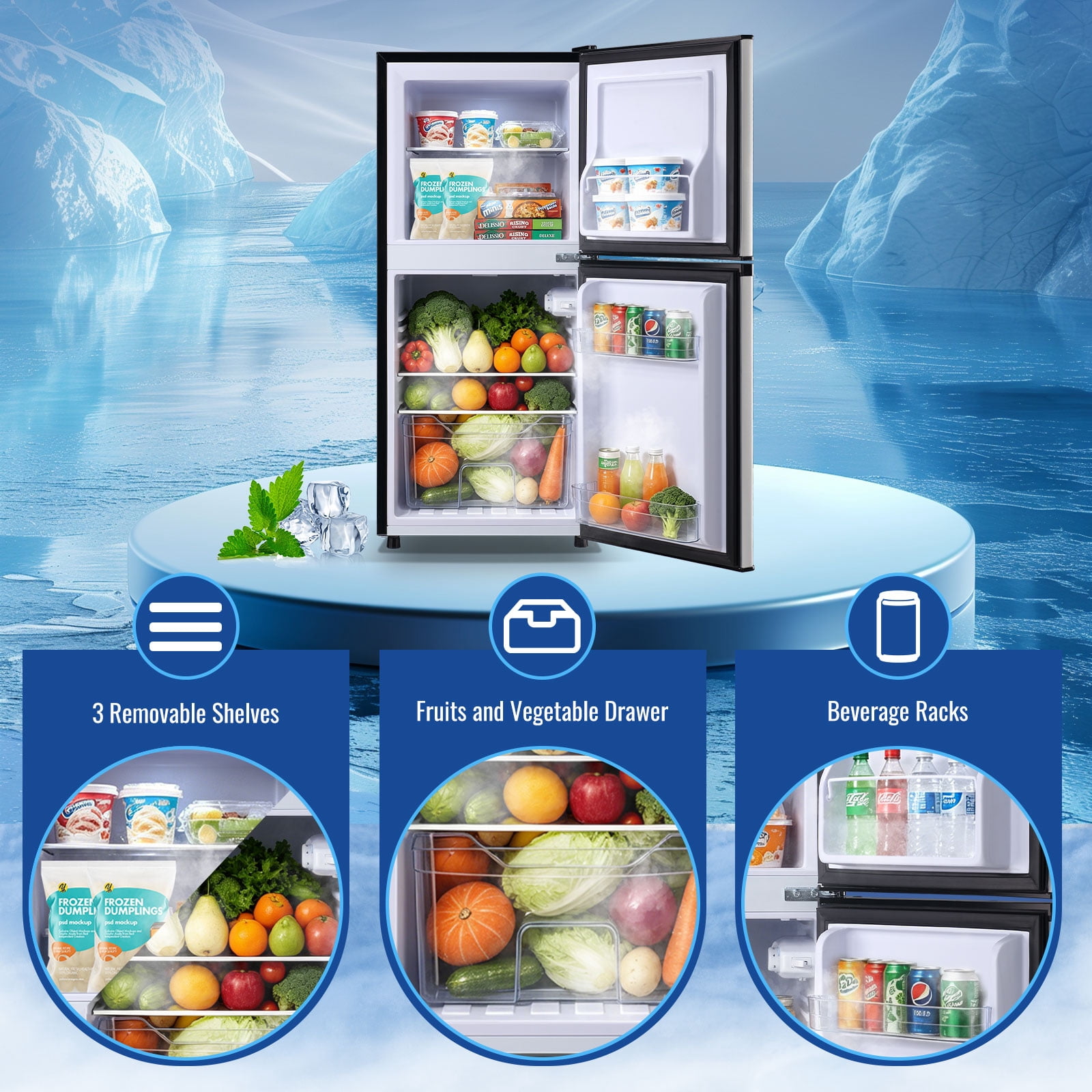 DEMULLER 4.0 Cu.ft Mini Refrigerator with freezer Small Fridge Double Door Adjustable Temperature New Silver