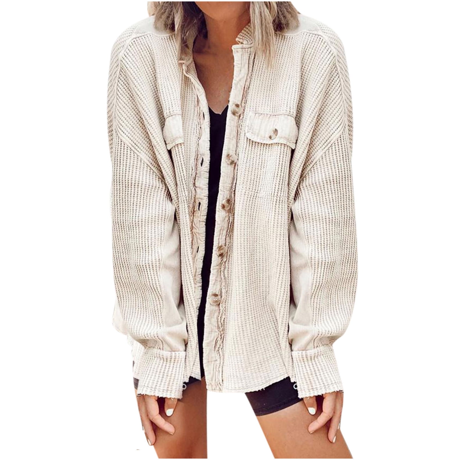 Women's Waffle Knit Shacket Boyfriend Shirt Jacket Trendy Long Sleeve ...