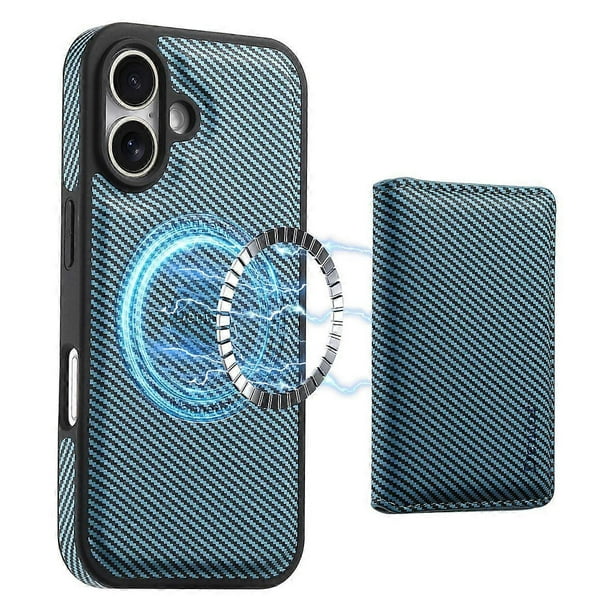 DENIOR For iPhone 16 Plus Magnetic Case Carbon Fiber Texture Leather Back Cover with Detachable Card