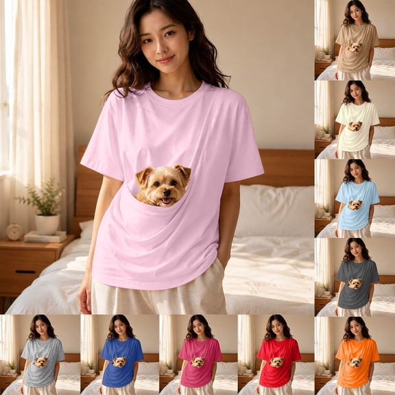 YUEHUA Womens Pet Pouch T-Shirt Puppy Pouch Shirts Animal Holder Short Sleeve Tee Shirts Relaxed Pocket Tee Casual Everyday Wear