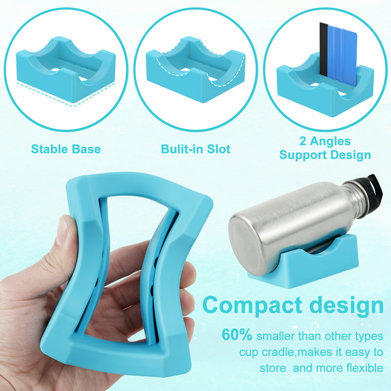 Small Silicone Cup Cradle for Crafting,Tumbler Holder with Built-in Slot  and Felt Edge Squeegee, Use to Apply Vinyl Decals for Mug Beer Can and Glass  Bottle, Anti-Skidding Display Tumbler Stand (Cyan) 