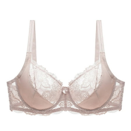 Mepaouo Women s Sexy Lace Push up Plus Size Sheer Unlined Bralette Full Coverage Bra Underwear(Khaki 36)