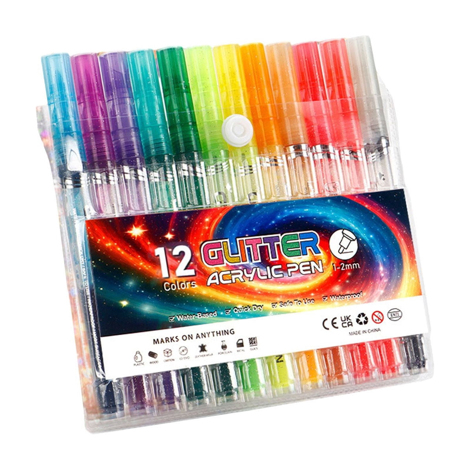 Glitter Acrylic Paint Pens - Water Based Markers 1-2mm Tips for Painting, Journaling, DIY Crafts & Rock Painting - 12 Color Set