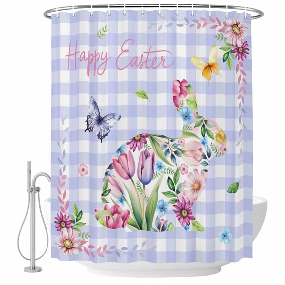 Easter Bunny Shower Curtain, Waterproof Shower Curtains for Bathroom, Spring Flower Daisy Tulips Purple Plaid Washable Fabric Bathtub Curtain Set Bath Decor with 12 Hooks Stall 36"x72"