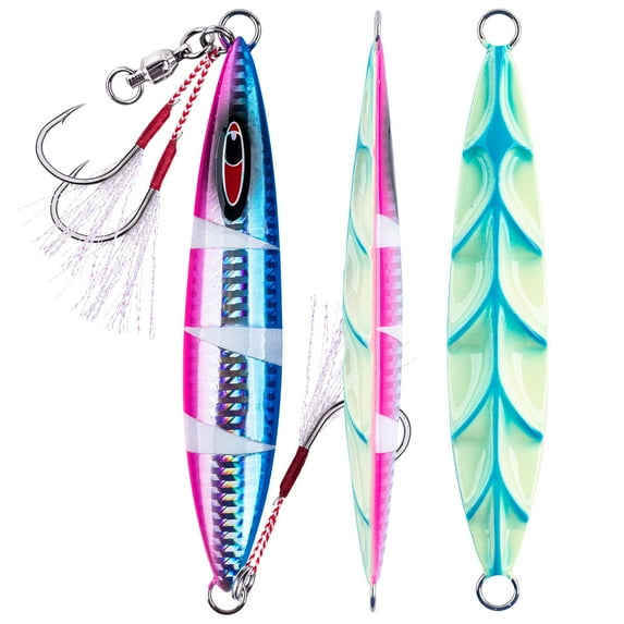 Goture Glow Slow Pitch Jigs with Portable Jig Bag, Double Assist Hook Fishing Jig Lead Saltwater Jigging Lures for Tuna, Dogtooth Tuna, Yellowtail, Kingfish, Bluefin-3Weights(100g/150g/250g) &3Colors