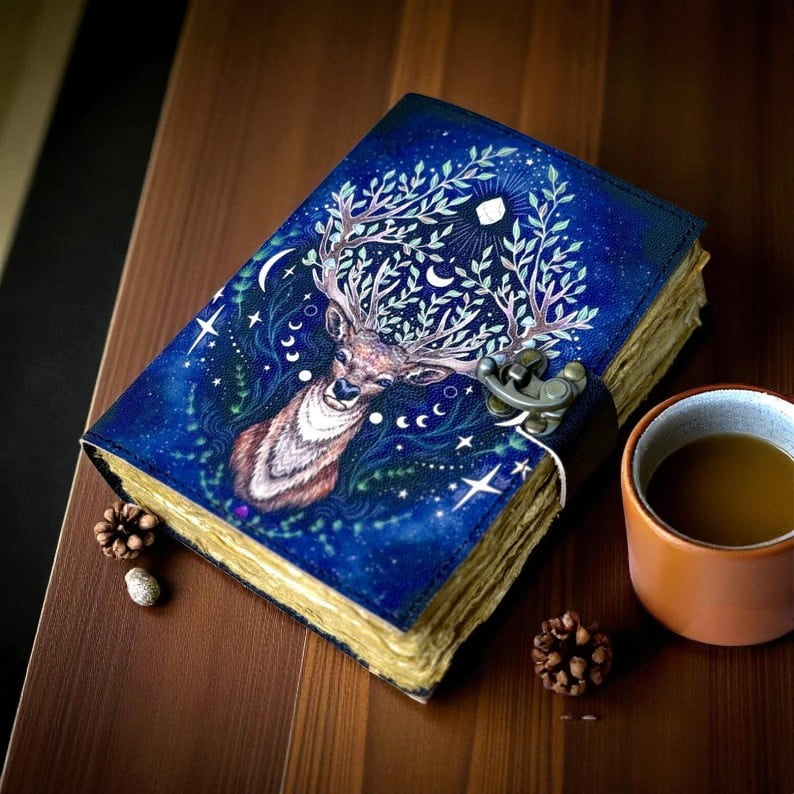 Handmade Leather Celestial Deer Journal, 5x7” Vintage Notebook with 200 Handmade Pages & Antique Clasp – Cosmic Nature Writing Diary