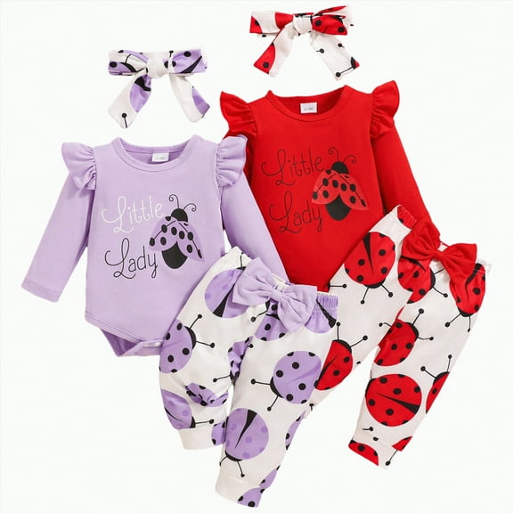 ORT Baby Girl Clothes Newborn Infant Girl Outfits Floral Romper Pants Headband Fall Baby Layettes for Clothing 0-18 Months(Red,3-6 M)