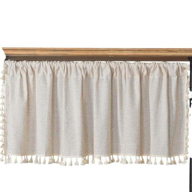 Cortina corta de panel, cortina bistró, cortina boho opaca, color beige liso, cortinas cortas con borlas para cocina, sala de estar y dormitorio.