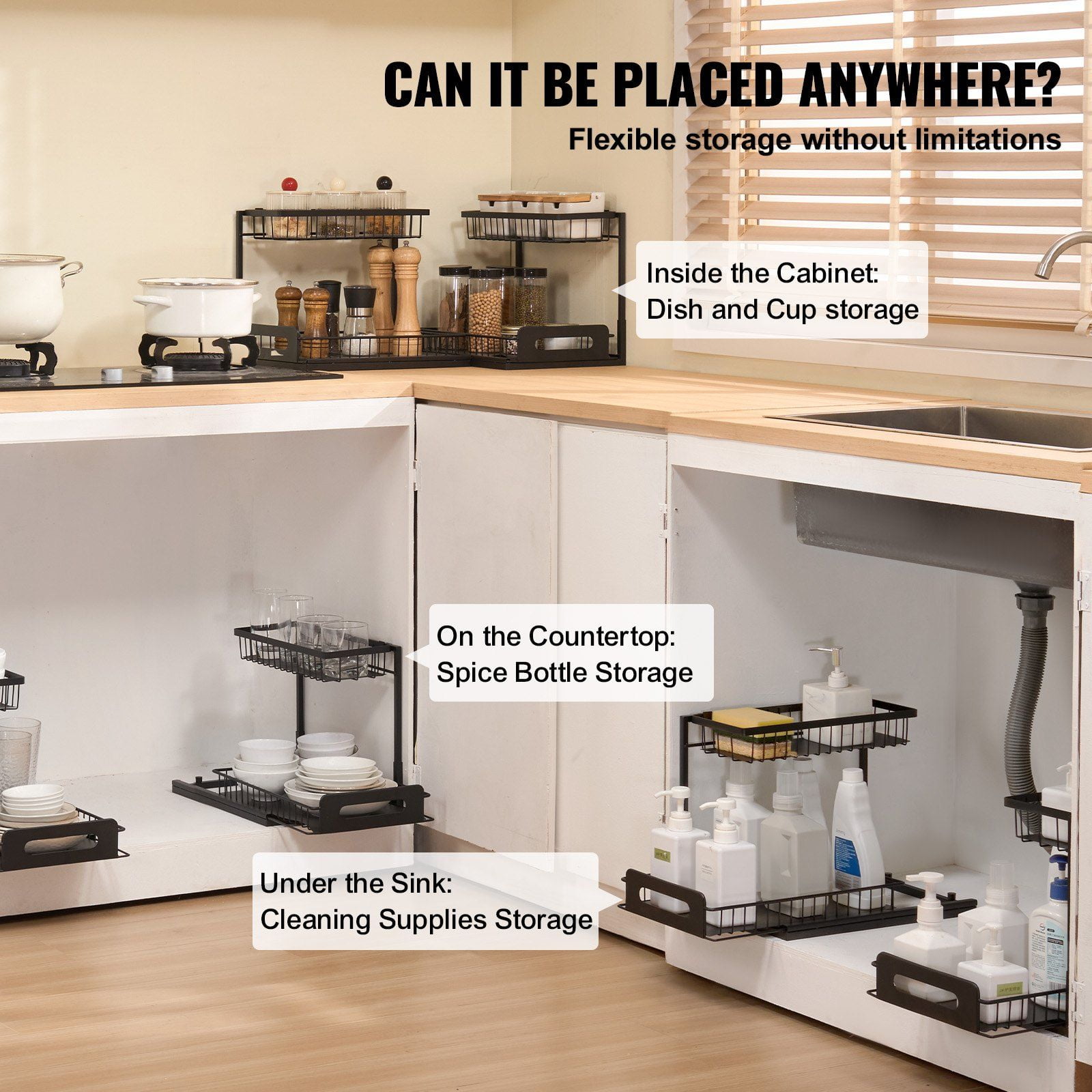 2-Tier Wire Pull Out Cabinet Under Sink Organizer 10.7"x14.2" Drawer Basket 2PCS 10.7x14.2 in