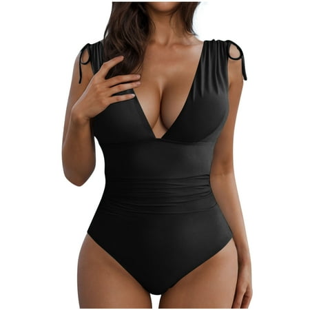 Wdfiry 2025 Summer Womens One Piece Swimsuits Deep V Neck Slim Fit Bathing Suit Sleeveless Seamless Tummy Control Swimwear
