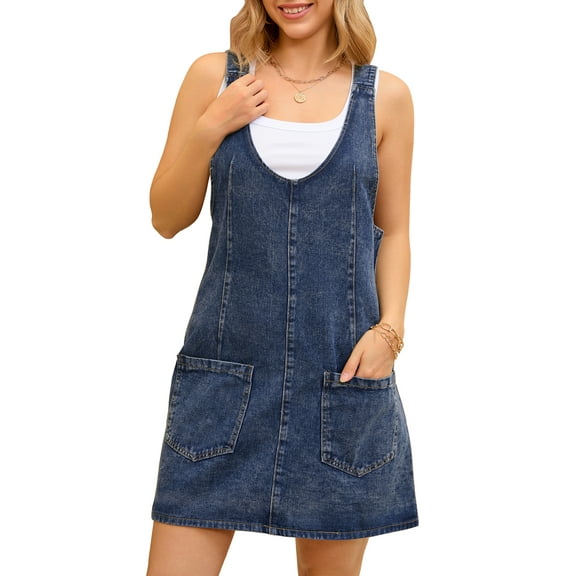 DARING DIVA Women's Loose Sleeveless Pinafore Mini Denim Dresses S Blue