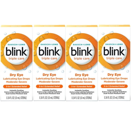 4 Pack - Blink Triple Care Lubricating Eye Drops – Long-Lasting Hydration for Moderate to Severe Dry Eyes, Moisturizes & Soothes with Hyaluronate, 0.34 Fl Oz
