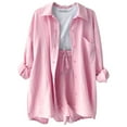 thumbnail image 2 of MKLEKYY Pijama Corto Para Mujer, Camisa De Manga Larga Con Cuello De Primavera Liso, Pantalones Cortos De Cintura Alta Con Cordón, Conjunto Informal De Moda Grande, 2 of 4