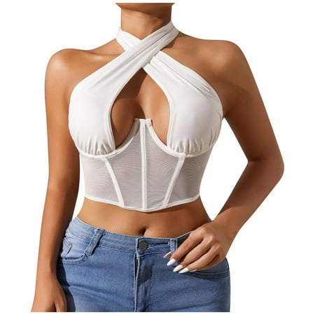 BYHONG Fashionable Mesh Lingerie Bustier with Adjustable Neck Tie and Support White XL