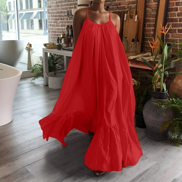 Awdenio Summer Dresses for Women, Ladies Fashion Casual Solid Sleeveless  Strap Dress Pocket Loose Backless Big Dress Red 2XL - Walmart Business  Supplies