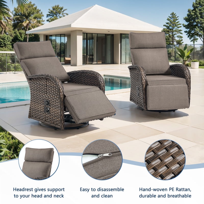 3-Piece Patio Swivel Recliner Chairs with Side Table, Outdoor Wicker Reclining Lounge Chairs with Adjustable Back and Footrest, Rattan Outdoor Furniture Set with Gray Cushions