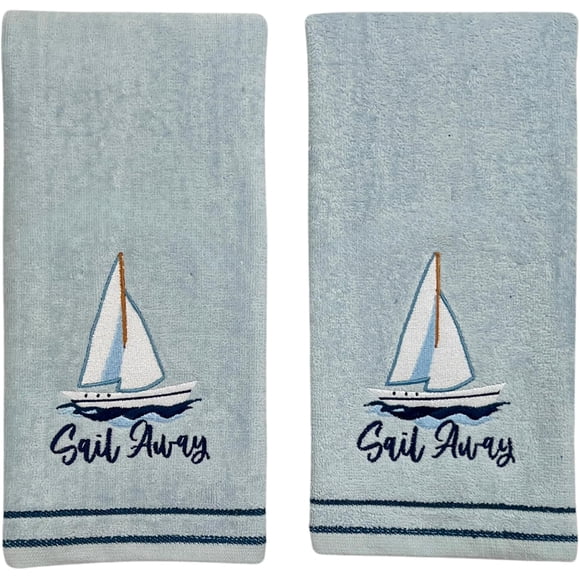 Serafina Home Coastal Bathroom Hand Towel - Set of 2 100% Cotton Light Blue Embroidered Sailboat Sail Away Design - 16 x 25 Bath & Kitchen Decor