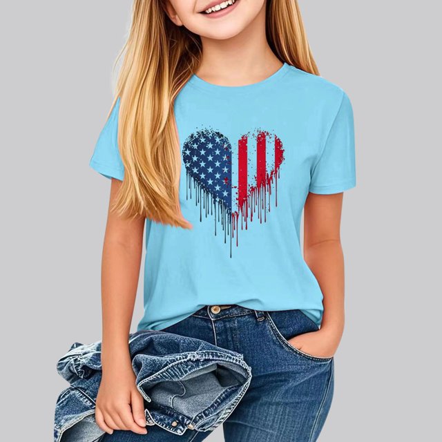 hengsof T-Shirt Imprimé à Thème Patriotique pour Filles, Manches Courtes, Col Rond, Ample et Confortable, Adapté aux Enfants de 2 à 13 Ans