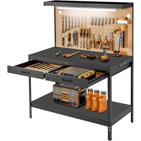 MoveCatcher Heavy Duty Workbench with Pegboard & LED Lights, 600LBS Capacity, A3 Steel, Drawers for Garage/Workshop