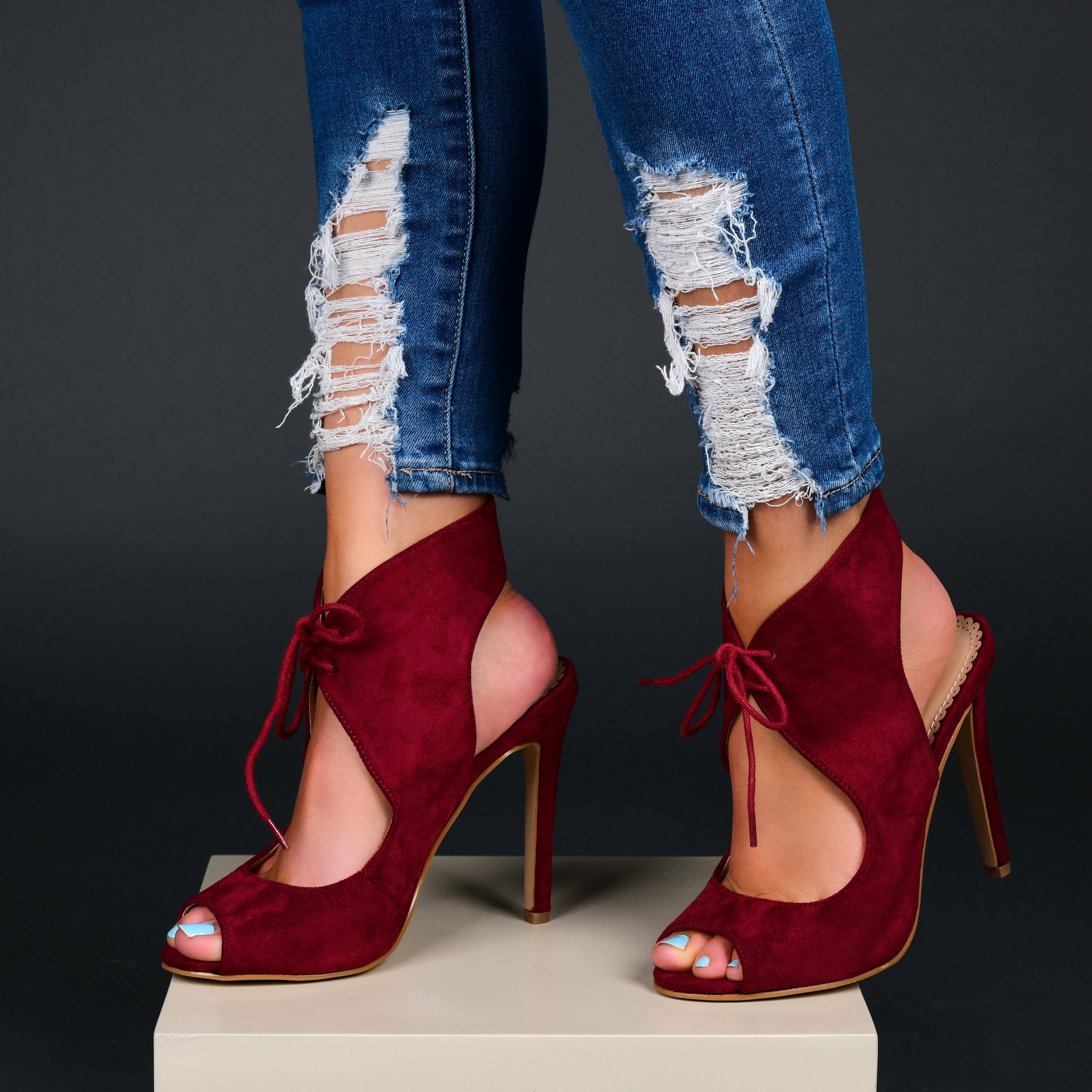 Women's Ankle Strap Faux Suede Open Toe Lace-up High Heels