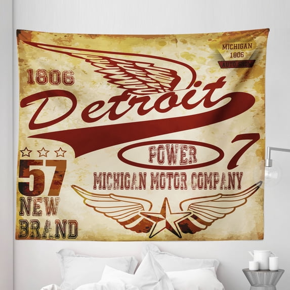 Detroit Tapestry, Vintage Elements Michigan Company Free Wings Transport Auto Show Themed, Fabric Wall Hanging Decor for Bedroom Living Room Dorm, 5 Sizes, Pale Yellow Burgundy, by Ambesonne