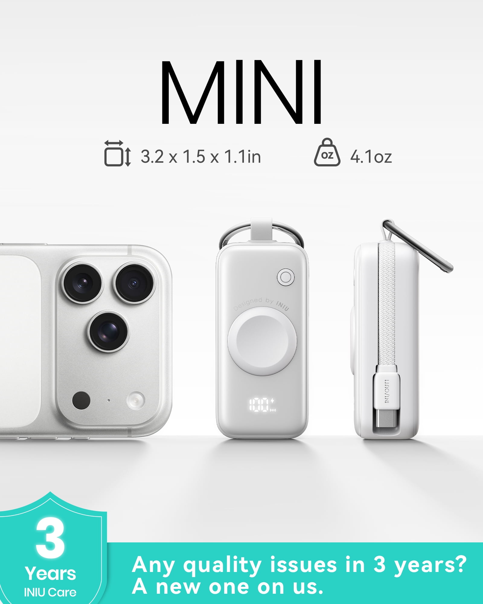 INIU 3-in-1 Portable Charger, Small 5000mAh Wireless Power Bank with Built-in Cable for Apple Watch 10/9/8/Ultra2/Ultra/SE, iPhone 17/16 etc, White