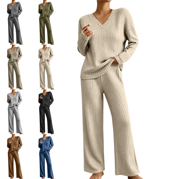 MLCDZ Lounge Sets for Women Loose V Neck Long Sleeves Top and Elastic Waist Wide Leg Pants Vacation Matching Track Suits Fall Outfits