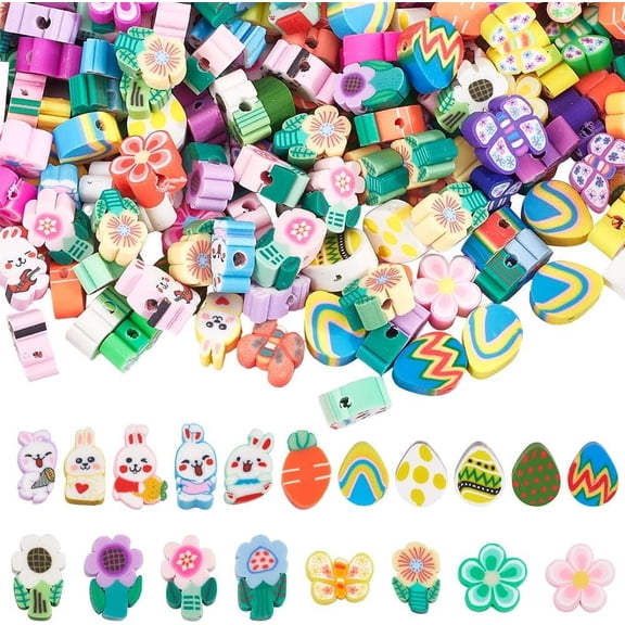 300Pcs 6 Styles Easter Beads Clay Bead Charms Handmade Butterfly Egg Flower Carrot Rabbit Polymer Clay Small Colorful Spacer Loose Bead for Spring Easter Jewelry Making Bracelets DIY Crafts colorful