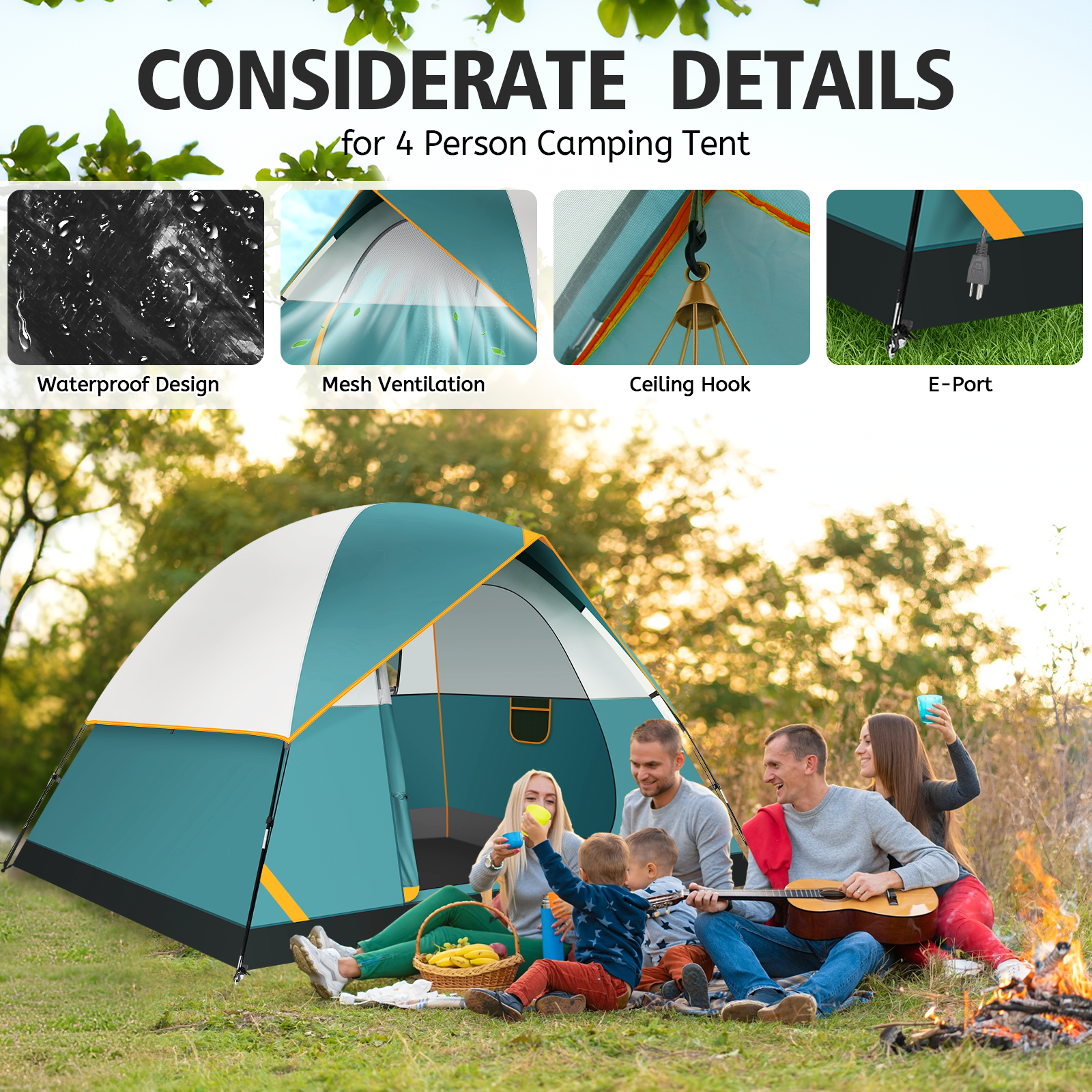 COBIZI 4 Person Tent for Camping with Waterproof Rainfly,EZ Setup Tent Windproof Instant Family Dome Camping Tent with Mesh Door & Ventilation Windows for Beach Camping Hiking Backpacking,Dark Green