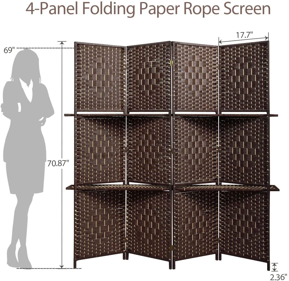 4-Panel Room Divider with 2 Partitions, 6ft Tall Folding Freestanding Privacy Screen for Living Room Bedroom Office, Dark Brown