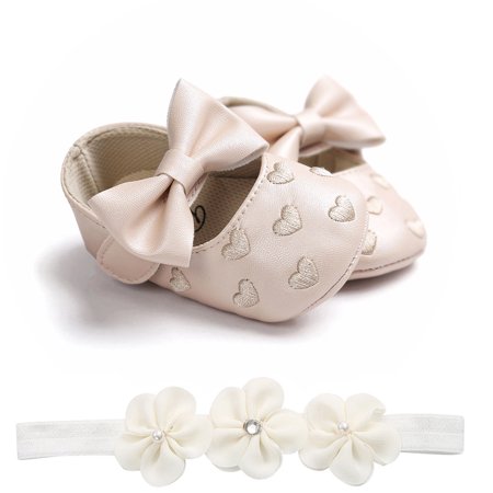 

〖Yilirongyumm〗 Baby Shoes Baby Love Embroidery Leather Fashion Toddler First Walkers Kid Shoes+1Pc Hairban