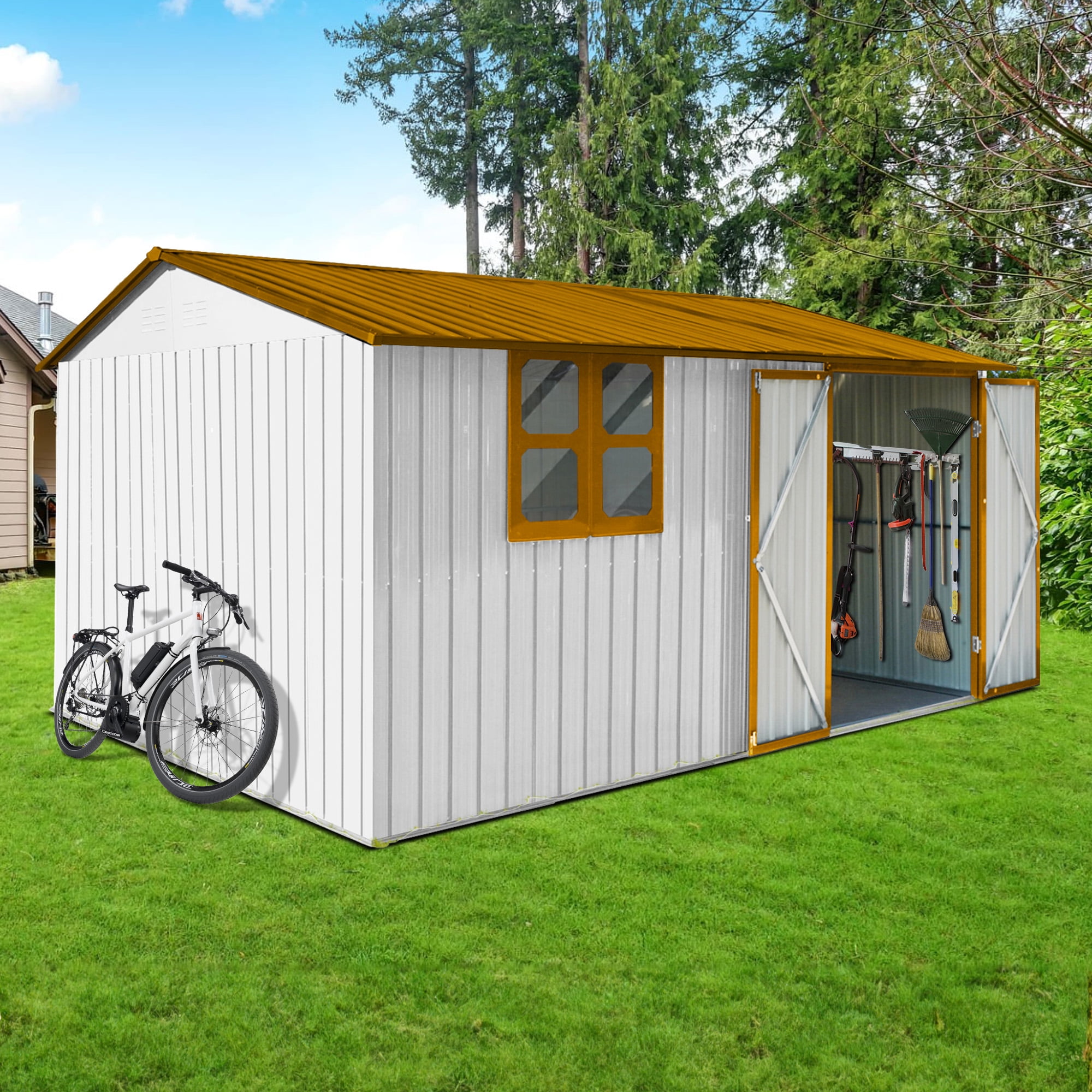 Aukfa 12FT x 10FT Outdoor Storage Shed, Metal Shed Storage with Window, Roof Slope Tool Shed with Door and Padlock for Backyards, Patio Lawns and Outdoor, Yellow
