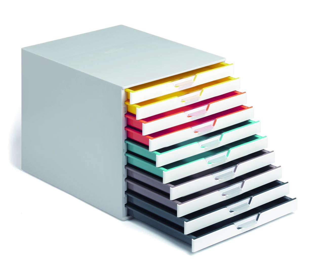 DURABLE Desktop Drawer Organizer (VARICOLOR MIX 10 Compartments with Removable Labels) 11" w x 14" d x 11.375" h, White & Multicolored (763027)