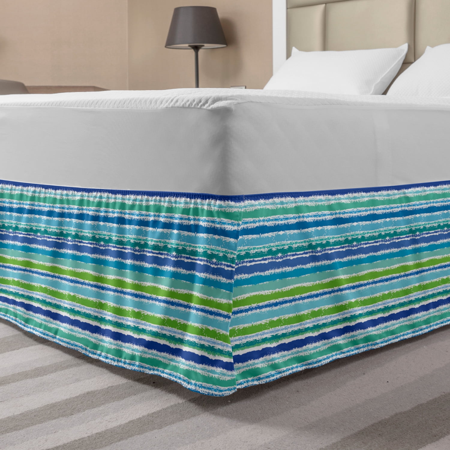 Vintage Stripe Bed Skirt, Grunge Funny Horizontal Stripes in Green and