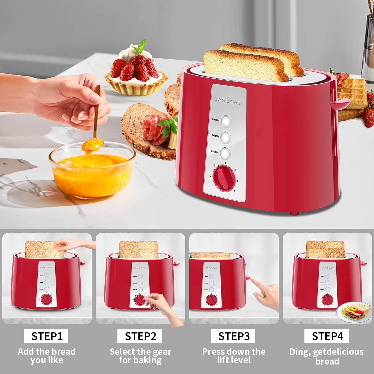 Toaster 2 Slice, Extra Wide Slot Toaster, 7 Shade Settings, Bread Toaster with Cancel, Defrost, Reheat Function, Extra Wide Slots for Waffle or Bagel, Removable Crumb Tray, 750W, Retro Red