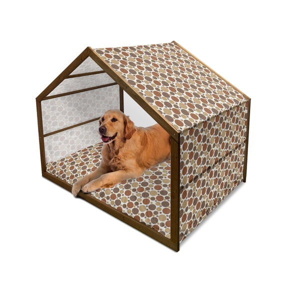 Chocolate Pet House, Vintage Design with Round Shapes with Curved Lines Abstract Geometric Motifs, Outdoor & Indoor Portable Dog Kennel with Pillow and Cover, 5 Sizes, Multicolor, by Ambesonne