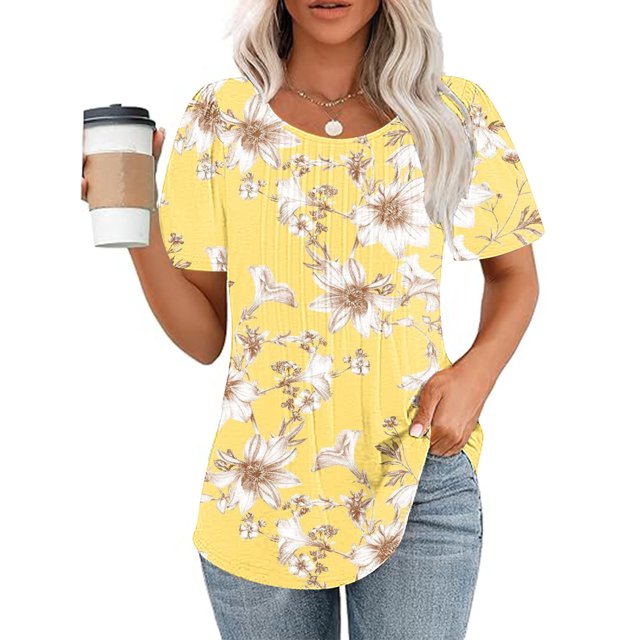 Fiudx Camisetas para Mujer Top Estampado con Cuello Redondo y Manga Corta Informal para Mujer a La Moda