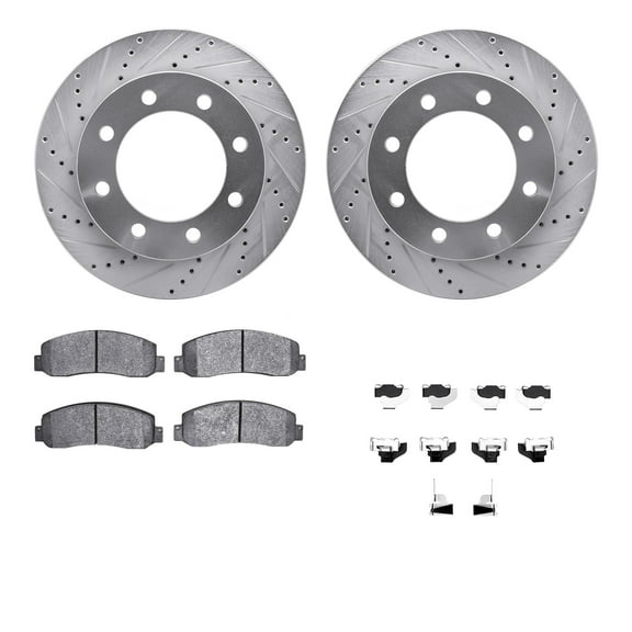 Dynamic Friction Company Front Brake Rotors-Drilled and Slotted-Silver with Ultimate Duty Performance Brake Pads includes Hardware 7412-54079