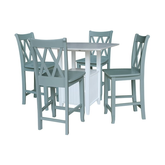 International Concepts Dual Drop Leaf Counter Height Bistro Table with Storage and 4 Counter Height Stools, White/Chalk Antiqued
