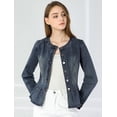 thumbnail image 2 of Chaqueta de mezclilla con cuello redondo y botones de manga larga con volante recortado y peplum para mujer Azul marino XS, 2 of 6