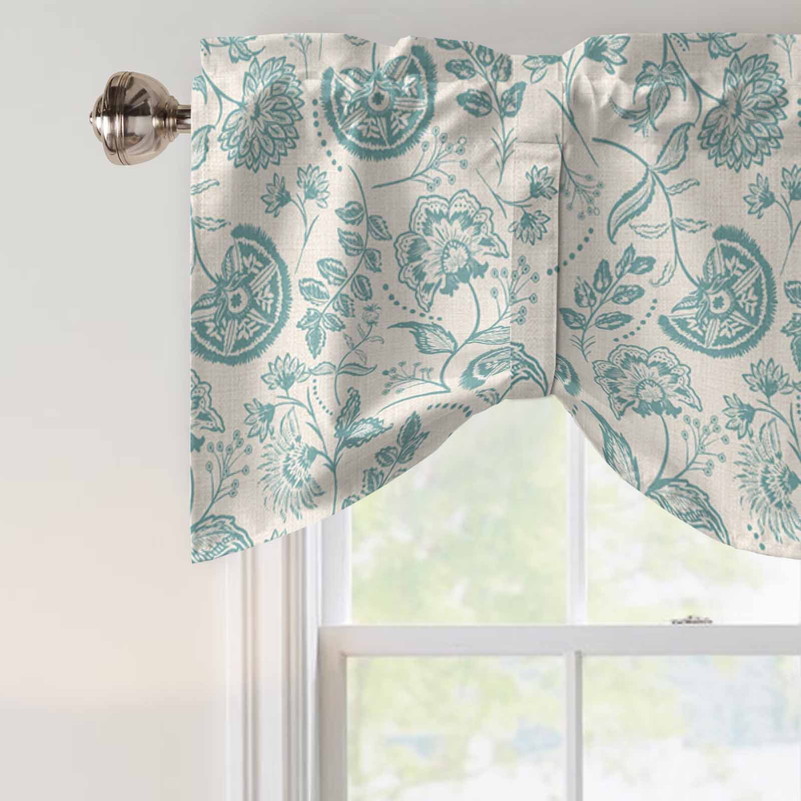 Farmhouse Turquoise Floral Tie Up Valances Curtain, Linen Boho Paisley Flower Rustic Adjustable Rod Pocket Short Window Treatment Tie Up Curtains Valances for Kitchen Living Room 54x18 In