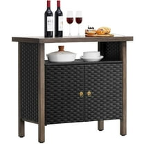 Outdoor Storage Cabinet, Woven Rattan Bar Table with 2 Doors, Slatted Top, Wicker Console Table for Patio, Garden, Backyard, Kitchen