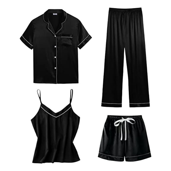 NAFUU Womens Silk Satin Pajamas Sets 4Pcs Loungewear Cami Shorts Set Button Down Long Sleeve Long Pants Pjs Sleepwear Women Homewear Set Xmas Holiday Jammies