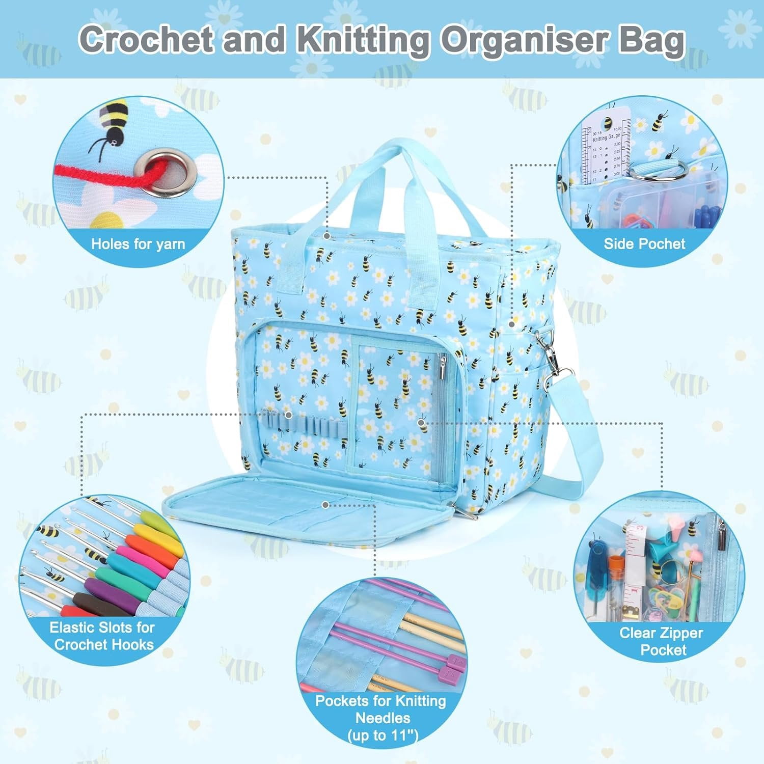 Yarn Storage Organizer Travel Crochet Bag, Large Capacity Tote Bag Knitting Bag for Carrying Projects, Knitting , Crochet Hooks and Yarn, Blue Floral and Bees