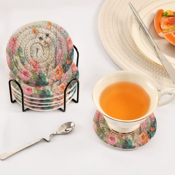 BZSMCE 6Pcs Drink Coasters With Holder 3.94Inch Cat with Colorful Flowers Creative Coil Coaster Coasters Colors Absorbent Coasters for Drinks Coasters Set Thicken Heat for Home Table