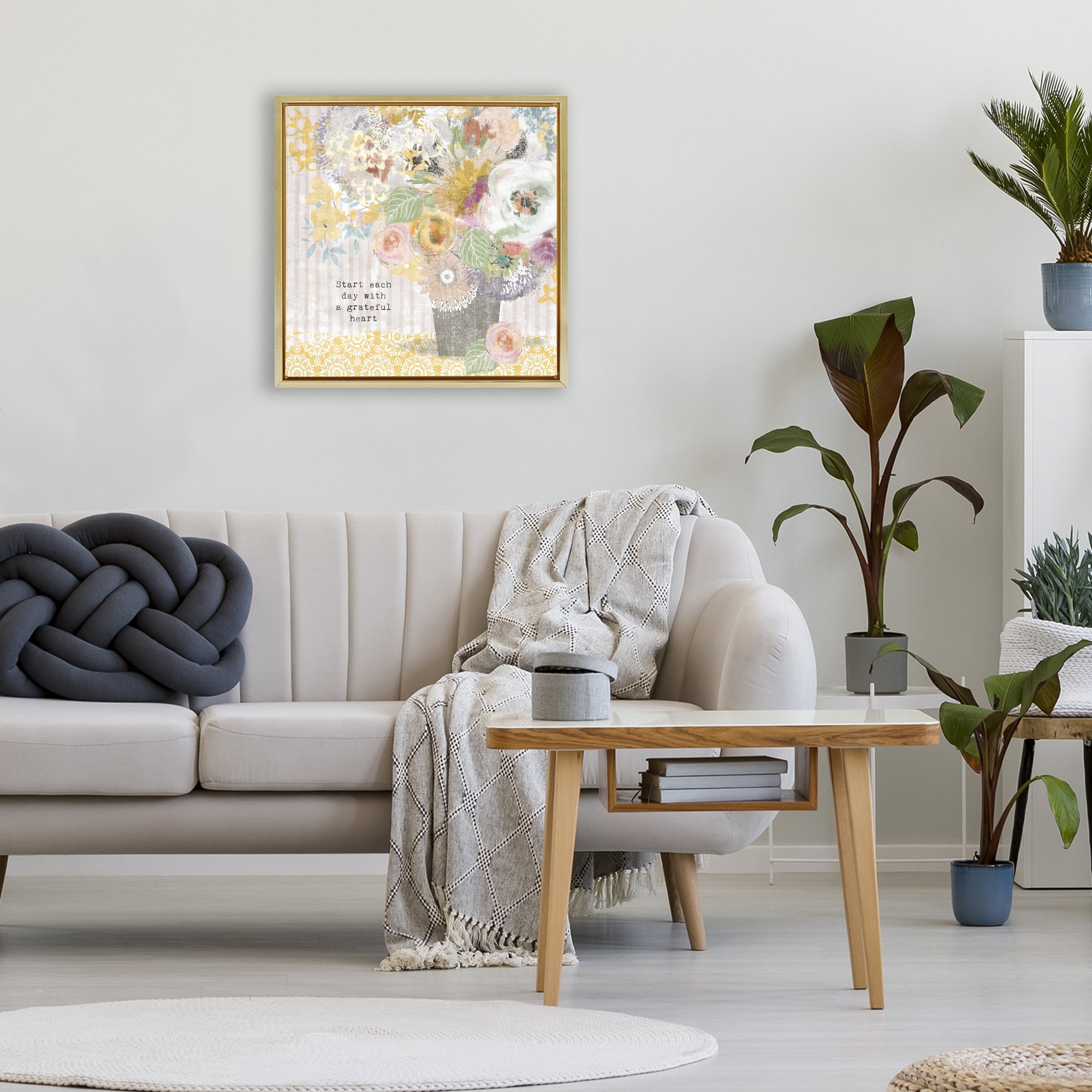 Stupell Industries Floral Inspirations Grateful Heart Gold Framed Floater Canvas Wall Art, design by Suzanne Nicoll