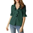 thumbnail image 2 of Unique Bargains Women's Ruffle V Neck Half Bell Sleeve Casual Chiffon Top S Dark Green, 2 of 7